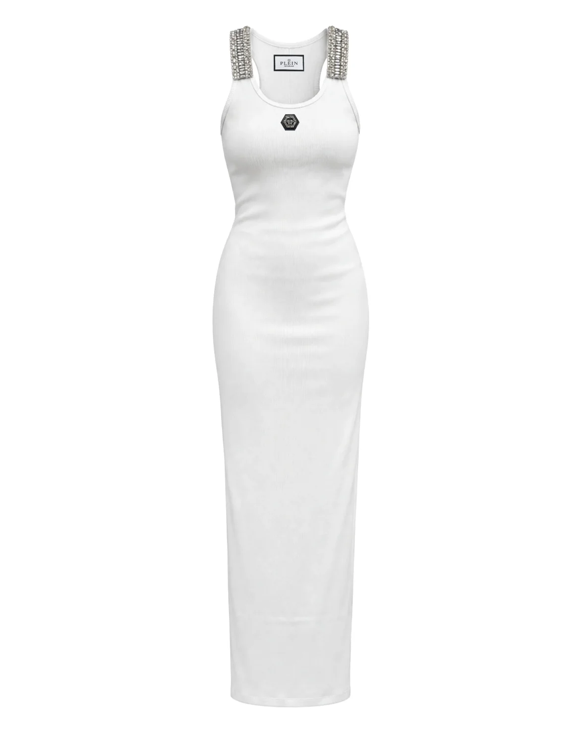 Crew-Neck Long Dress Rhinestones Straps, цвет: Белый