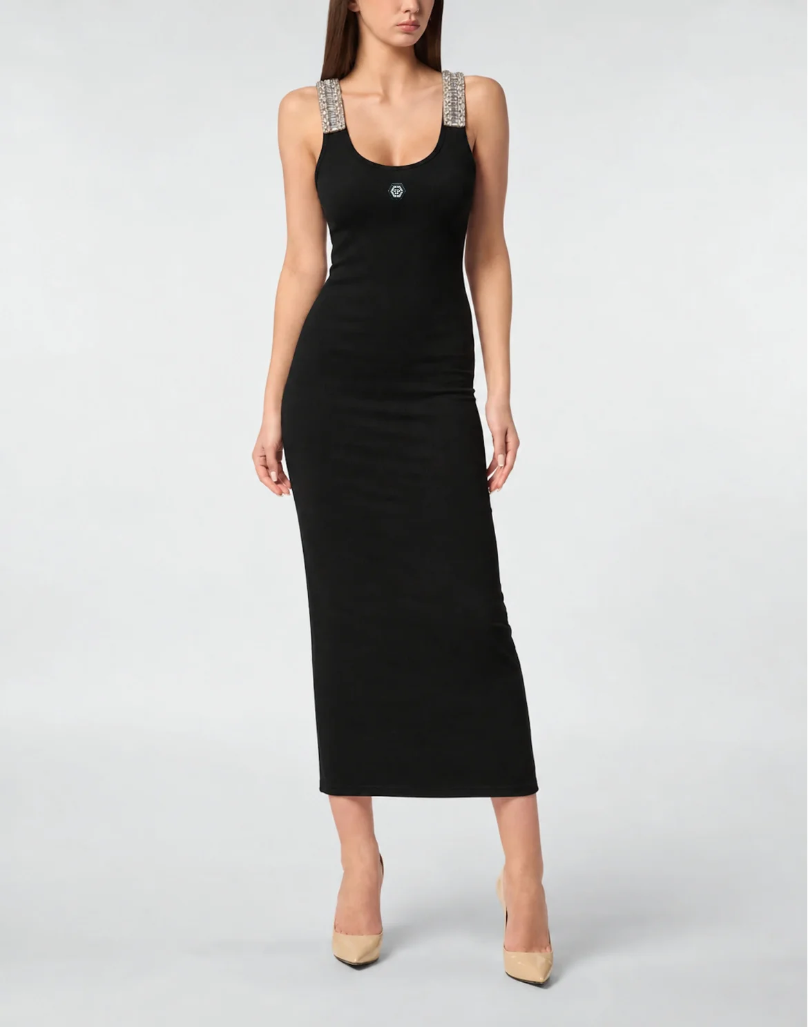 Crew-Neck Long Dress Rhinestones Straps, цвет: Черный