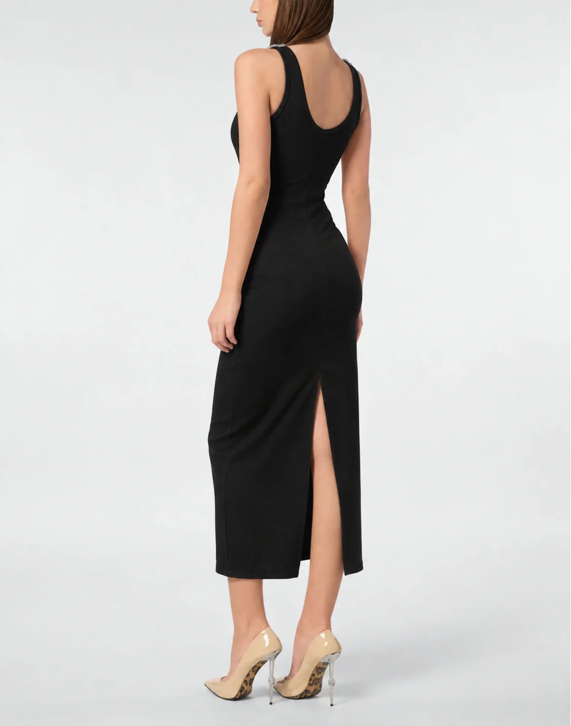 Crew-Neck Long Dress Rhinestones Straps, цвет: Черный