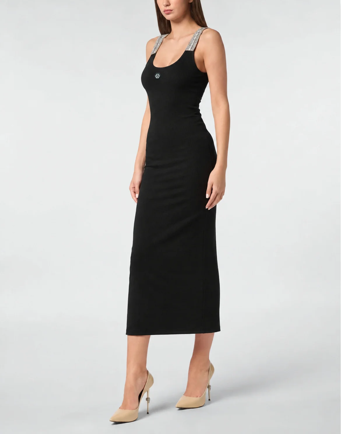 Crew-Neck Long Dress Rhinestones Straps, цвет: Черный