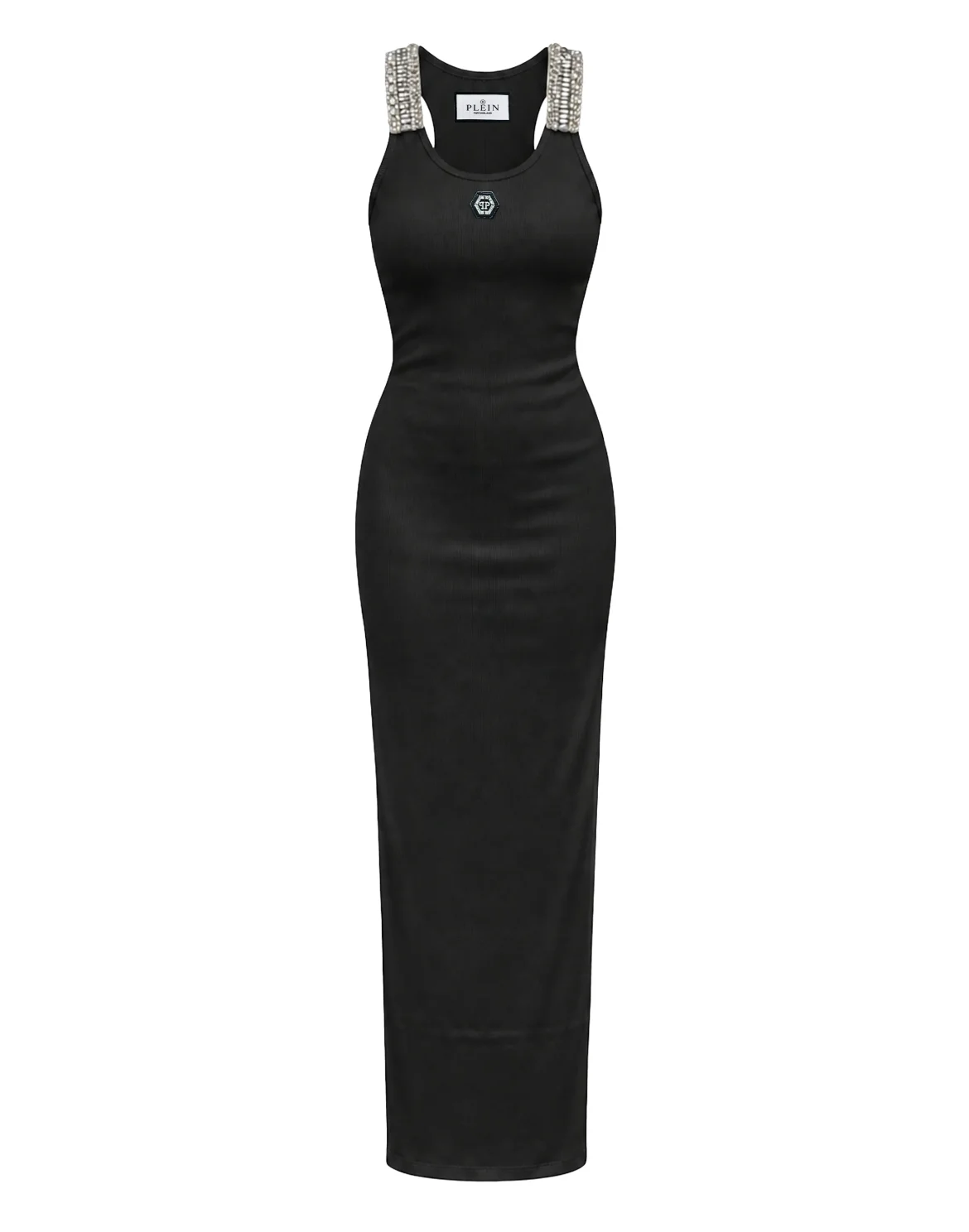Crew-Neck Long Dress Rhinestones Straps, цвет: Черный