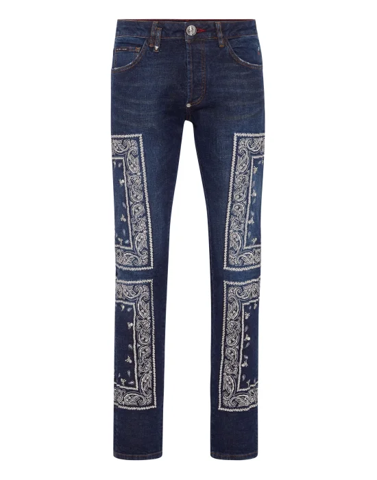 Embroidered Denim Trousers Super Straight Cut Paisley Bandana
