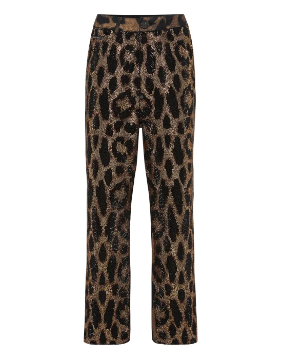 Denim Trousers Loose Fit with Crystals Leopard