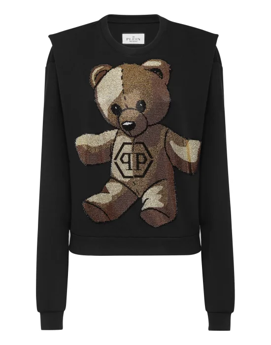 Cropped Padded Shoulder Sweatshirt with Crystals Teddy Bear