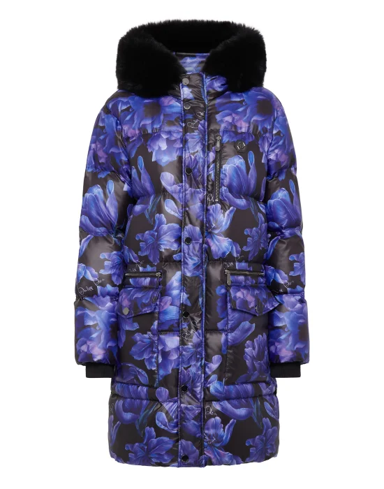 Nylon Parka with Fur Flowers