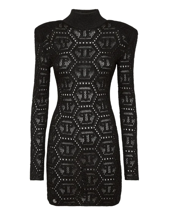 Lurex Padded Shoulder Mini Dress Hexagon