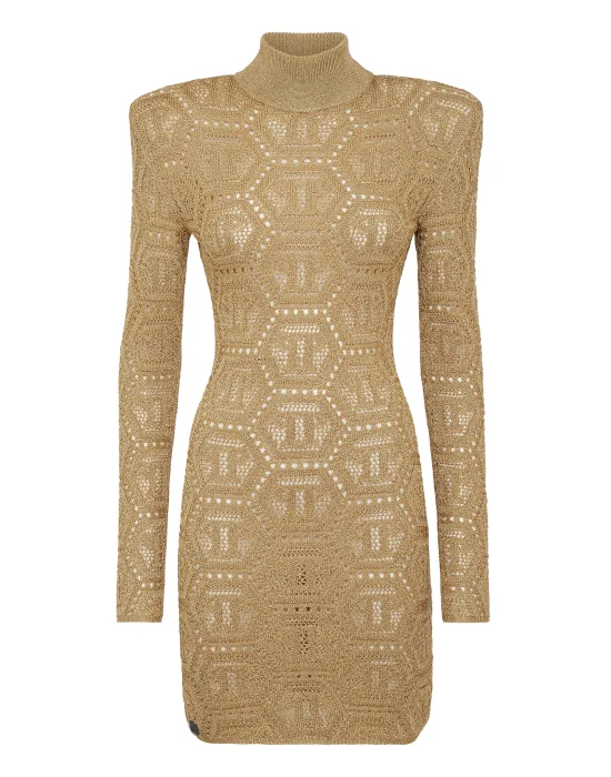 Lurex Padded Shoulder Mini Dress Hexagon