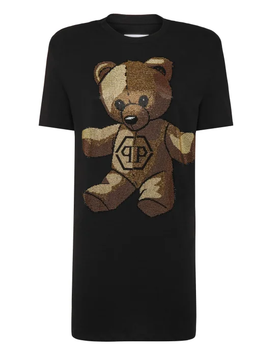 Padded Shoulder T-Shirt Dress with Crystals Teddy Bear