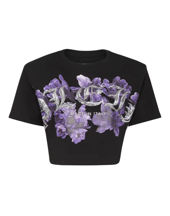 Padded Shoulder Cropped Top Flowers