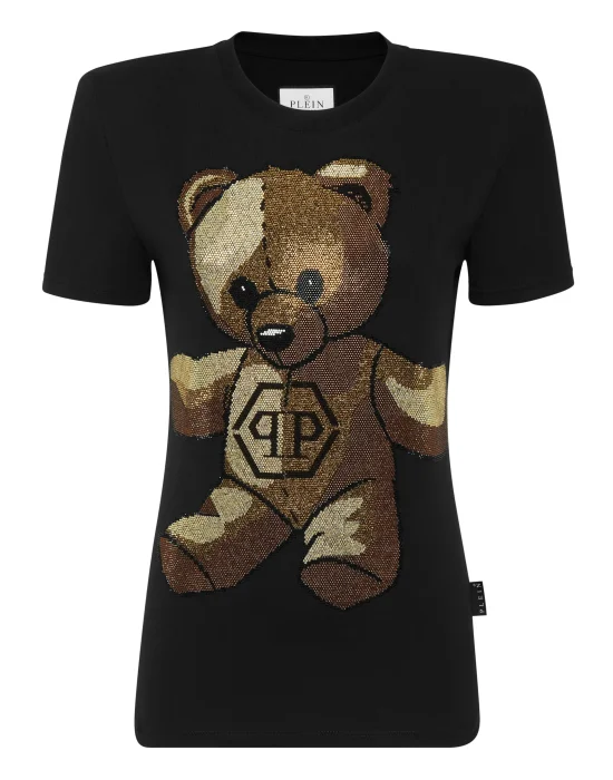 Padded Shoulder Sleeveless T-Shirt Sexy Pure Fit with Crystals Teddy Bear