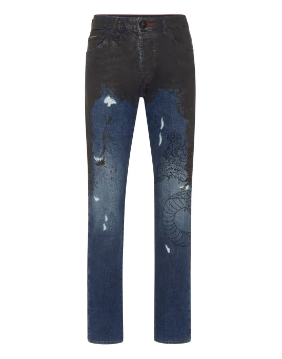 Denim Trousers Super Straight Cut Dragon Strass