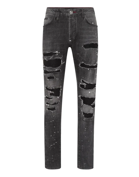 Denim Super Straight Cut Trousers Leather Pocket