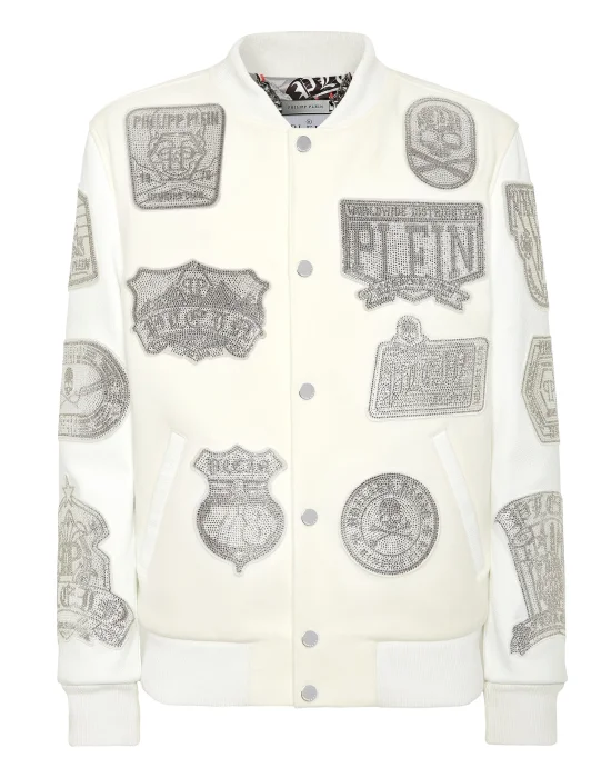 Crystal College Bomber With Leather Sleeves Patches