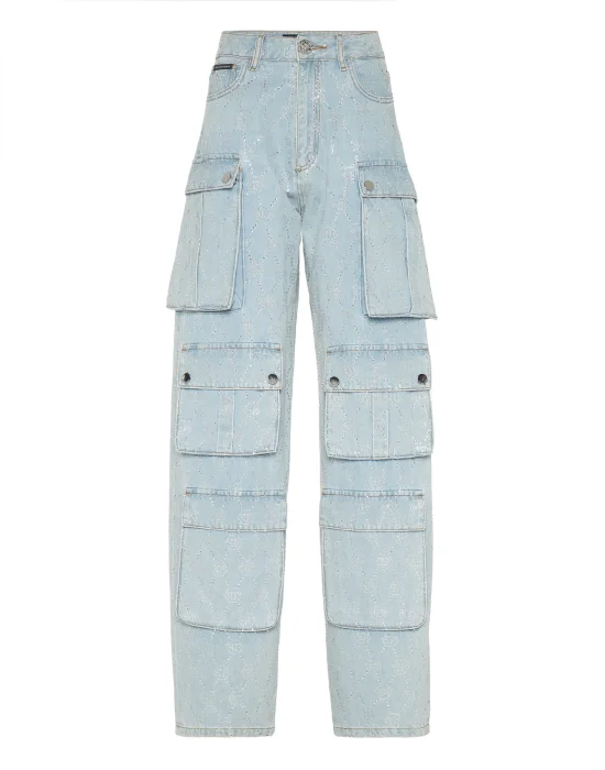 Denim Cargo Trousers Strass Monogram