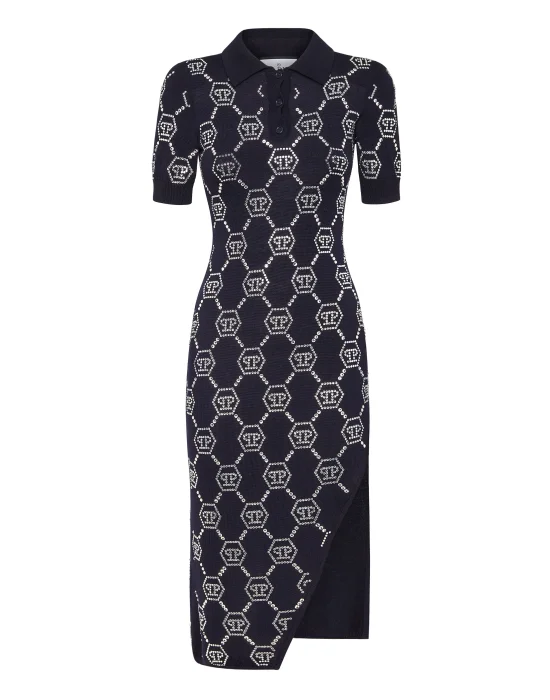 Knitted Strass Polo Dress With Padded Shoulders Monogram
