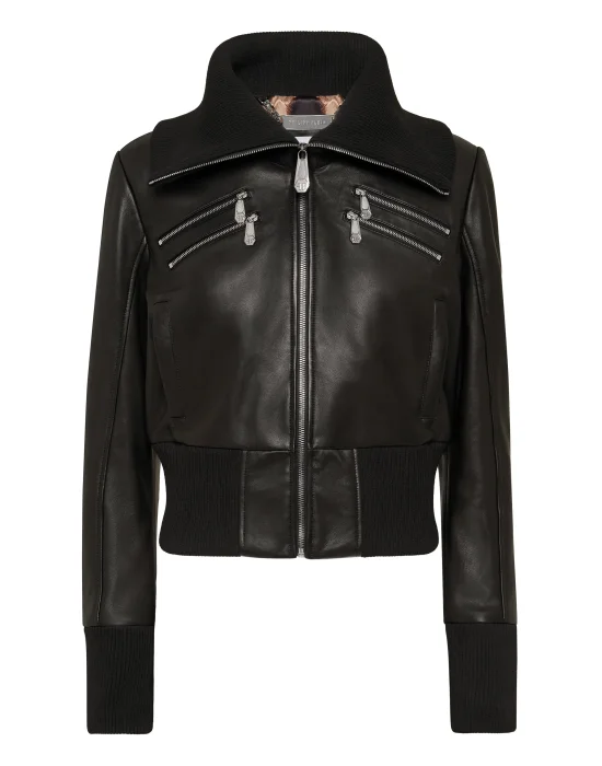 Leather Jacket With Knitted Collar