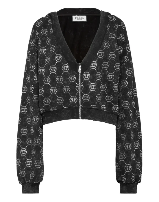 Washed Zip Hoodie Monogram Crystal
