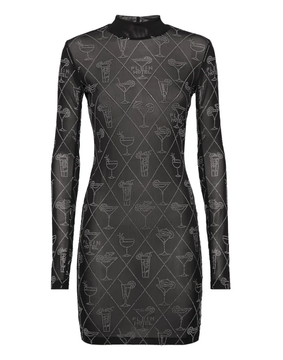 Tulle Long-Sleeved Mini Dress Cocktails Crystal