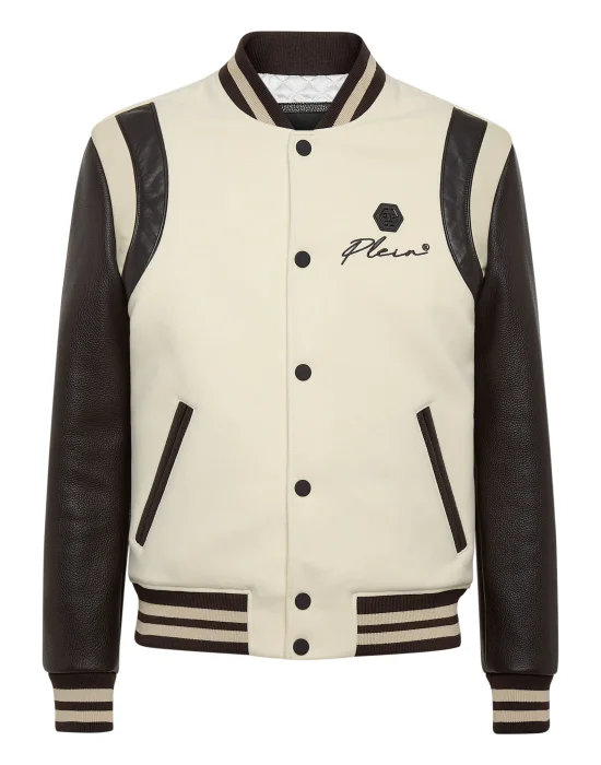 Slim Cut Wool And Leather Bomber Embroidery