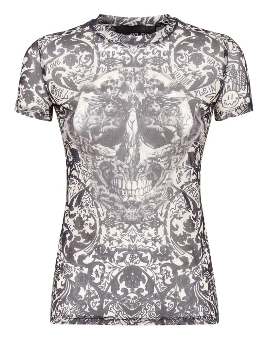 T-Shirt Round Neck SS Stretch Printed Tulle New Baroque