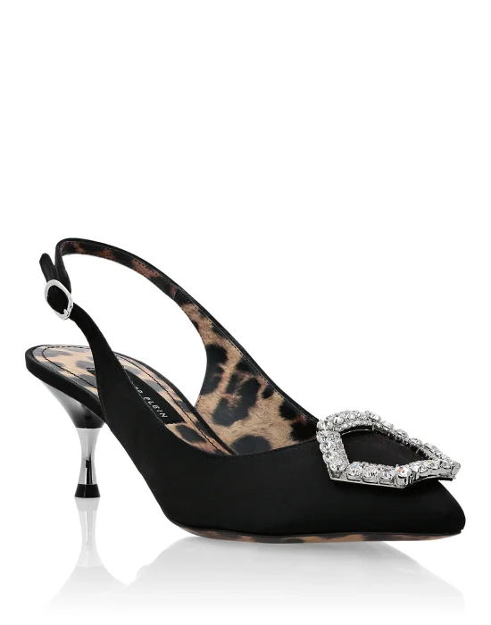 Satin Decollete Slingback Low Heels Crystal Hexagon