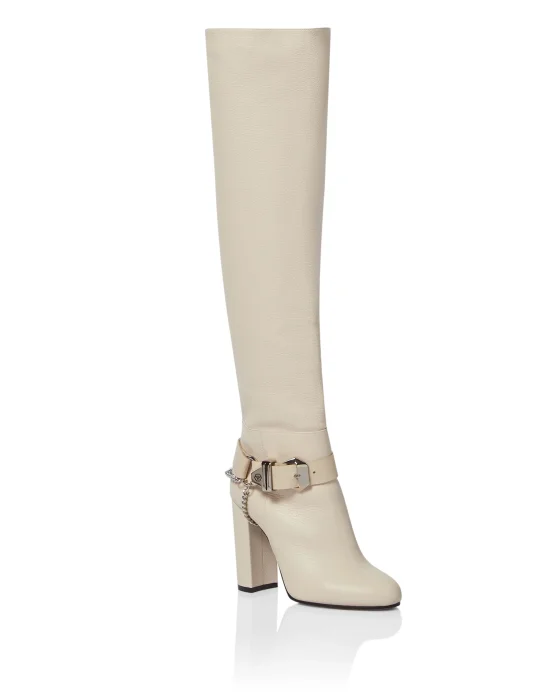 Leather Boots High Heels High Embossed Hexagon