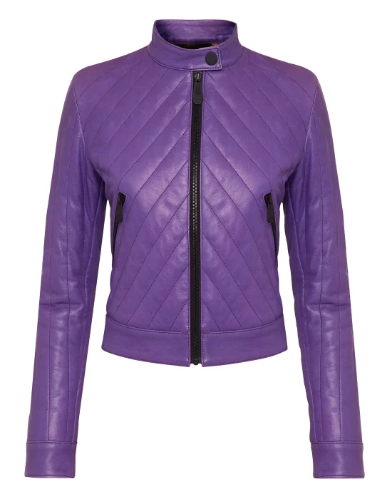 Cropped Padded Matellasse’ Leather Biker Jacket
