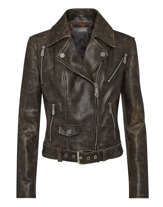 Shoulder Padded Leather Biker Jacket
