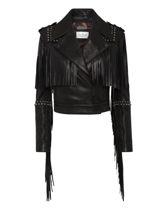 Leather Cropped Jacket Fringe