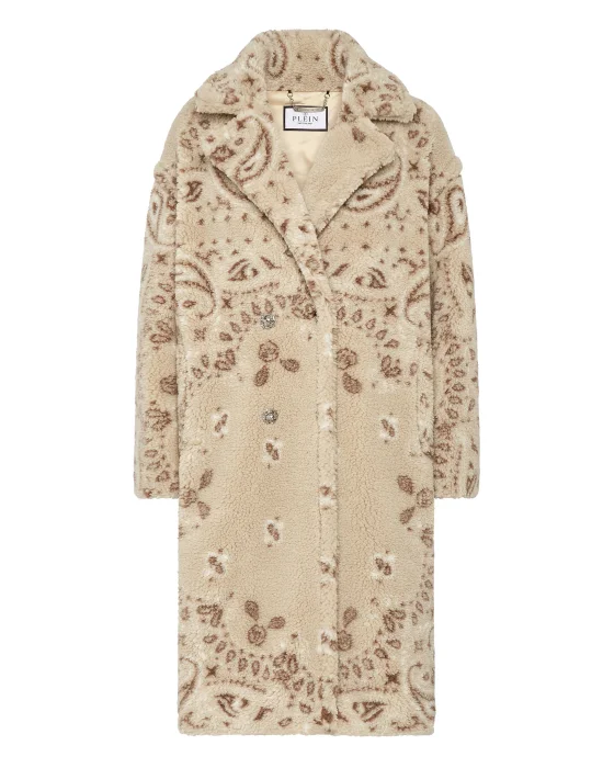Eco Shearling Long Coat Paisley Bandana