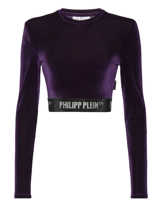 Long-sleeve Padded Shoulder Cropped Top Crystal