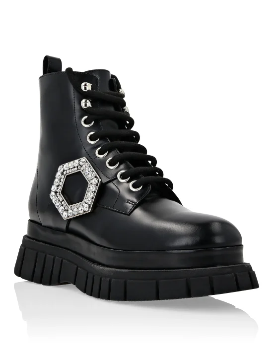 Shiny Leather Boots Mid Flat Crystal Hexagon