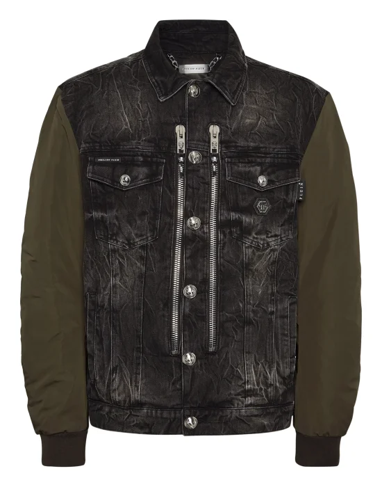 Denim Zipped Jacket With Nylon Sleeves Camouflage