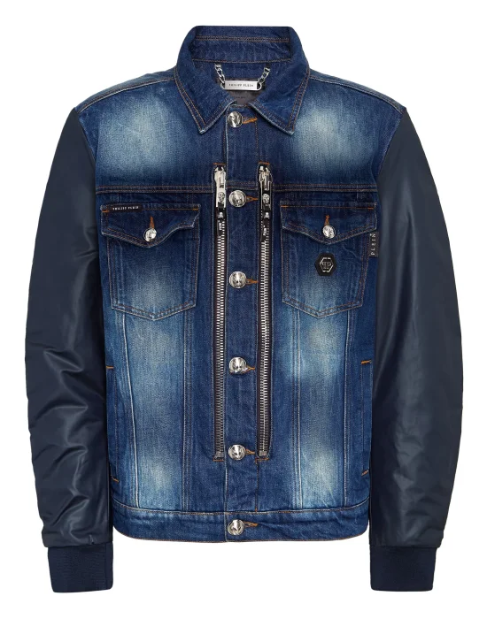Denim Zipped Jacket With Nylon Sleeves Camouflage