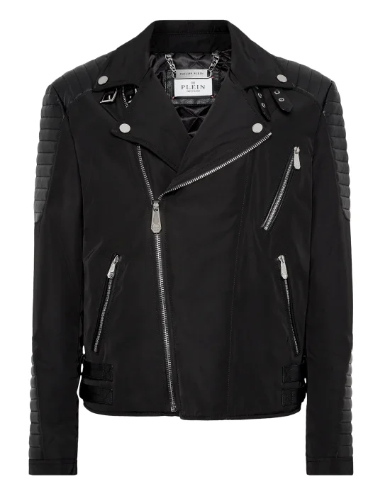 Nylon Biker Jacket With Leather Padding