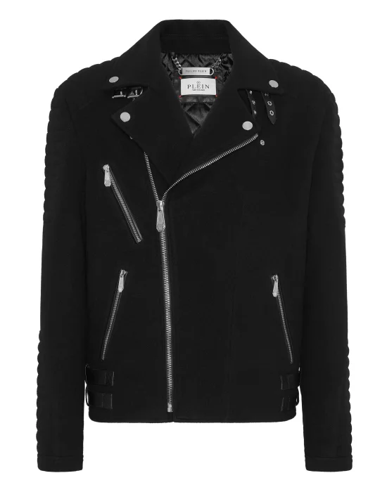 Wool Biker Jacket With Leather Padding
