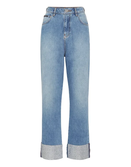 Denim Trousers Strass Loose Fit Heart