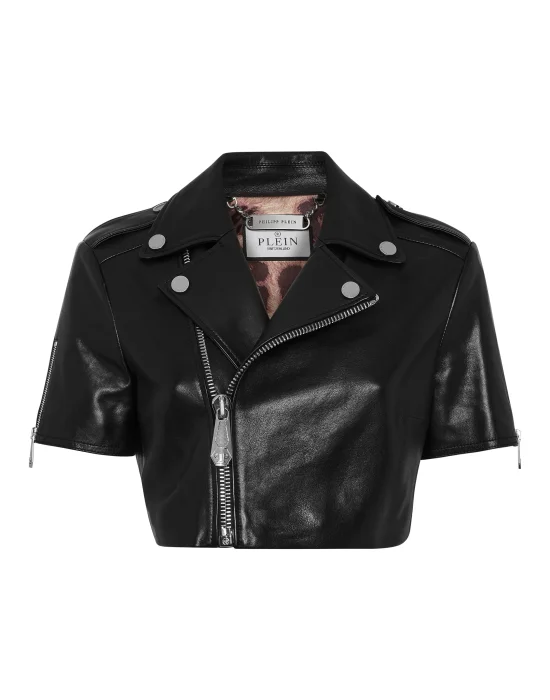 Leather Cropped Biker Short Sleeve Jacket