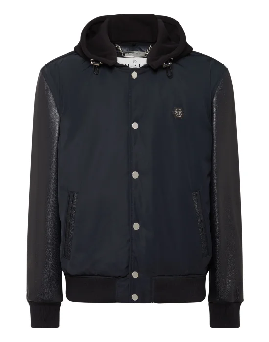 Nylon & Leather Varsity Bomber Hooded Jacket