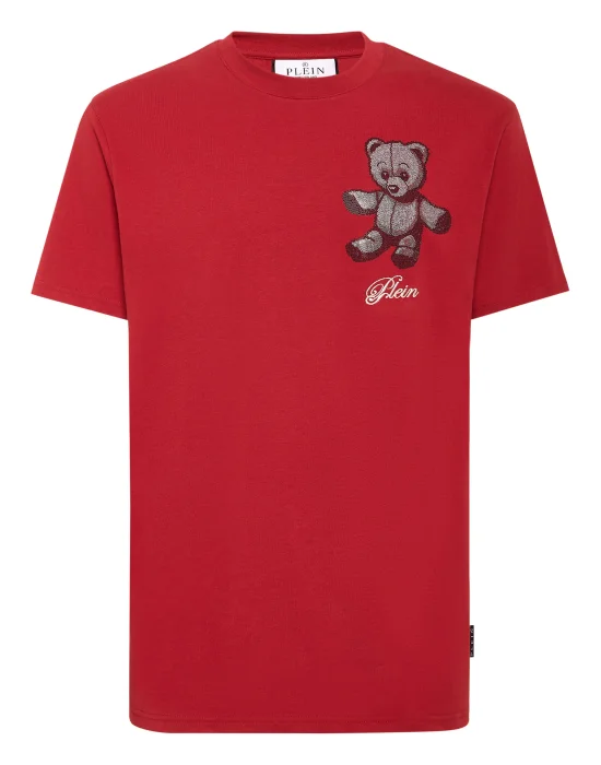 Embroidered Round Neck T-Shirt Strass Teddy Bear