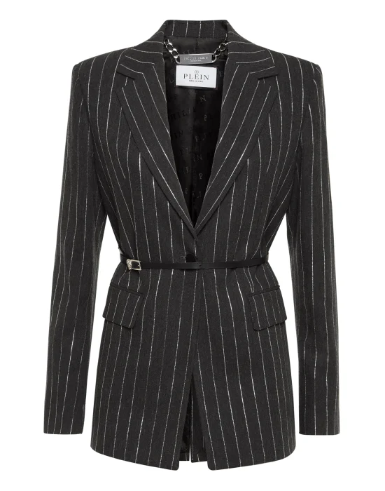 Pinstriped Belted Blazer