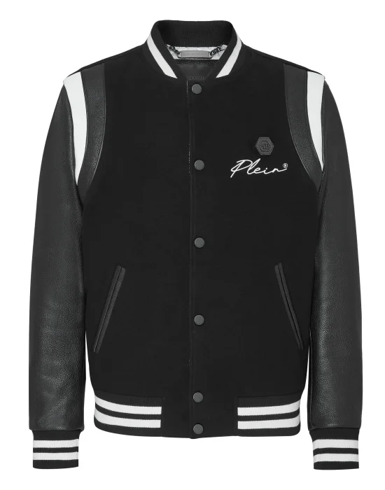 Slim Cut Wool And Leather Bomber Embroidery