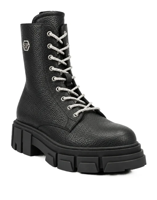 Leather Boots Deer Print Laces Strass