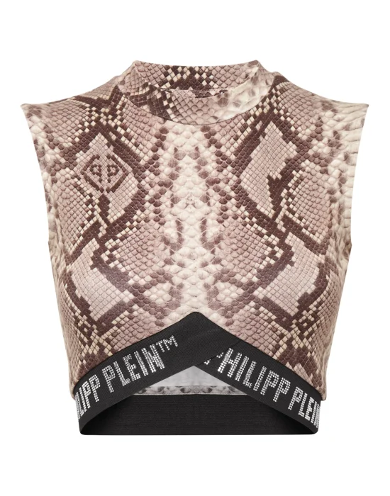 V Cut Crop Top Python Print Crystal Plein with Swarovski