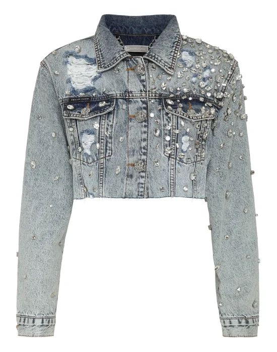 Denim Long Jacket Crystal