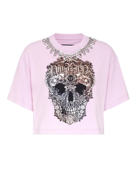 Cropped T-shirt Round Neck Baroque Skull
