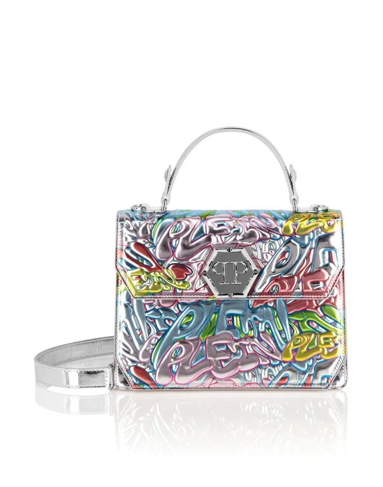 Superheroine Mirror Leather Handle Bag Bombing Graffiti