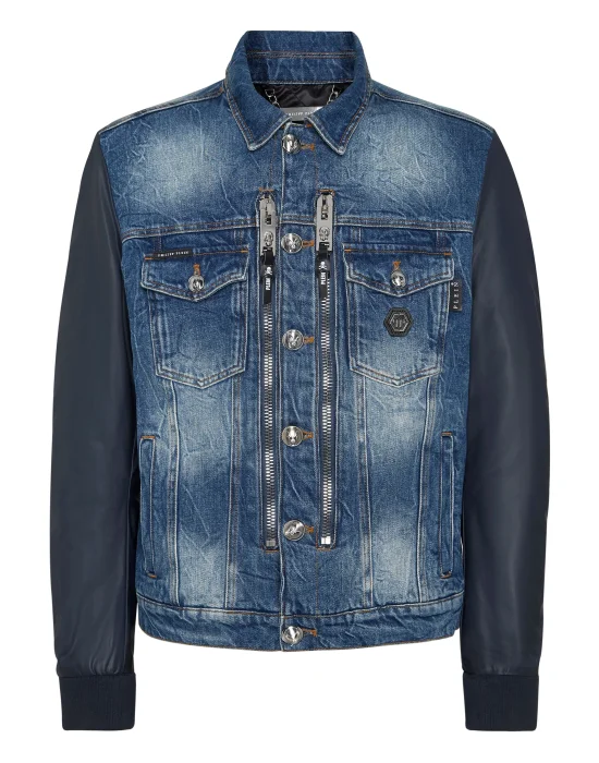Denim Regular Jacket with Nylon Sleeves Hexagon