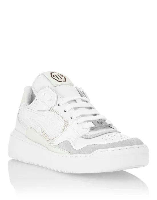 Mix Leather Lo-Top Sneakers Strass Hexagon