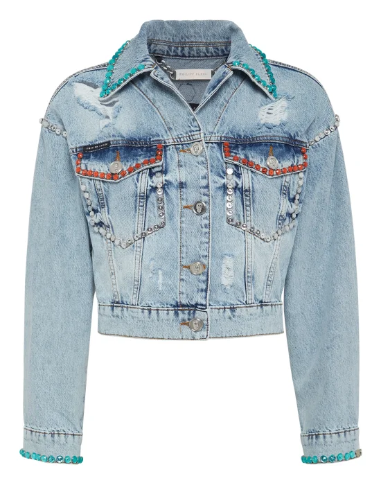 Denim Jacket Cropped Destroyed with Crystals